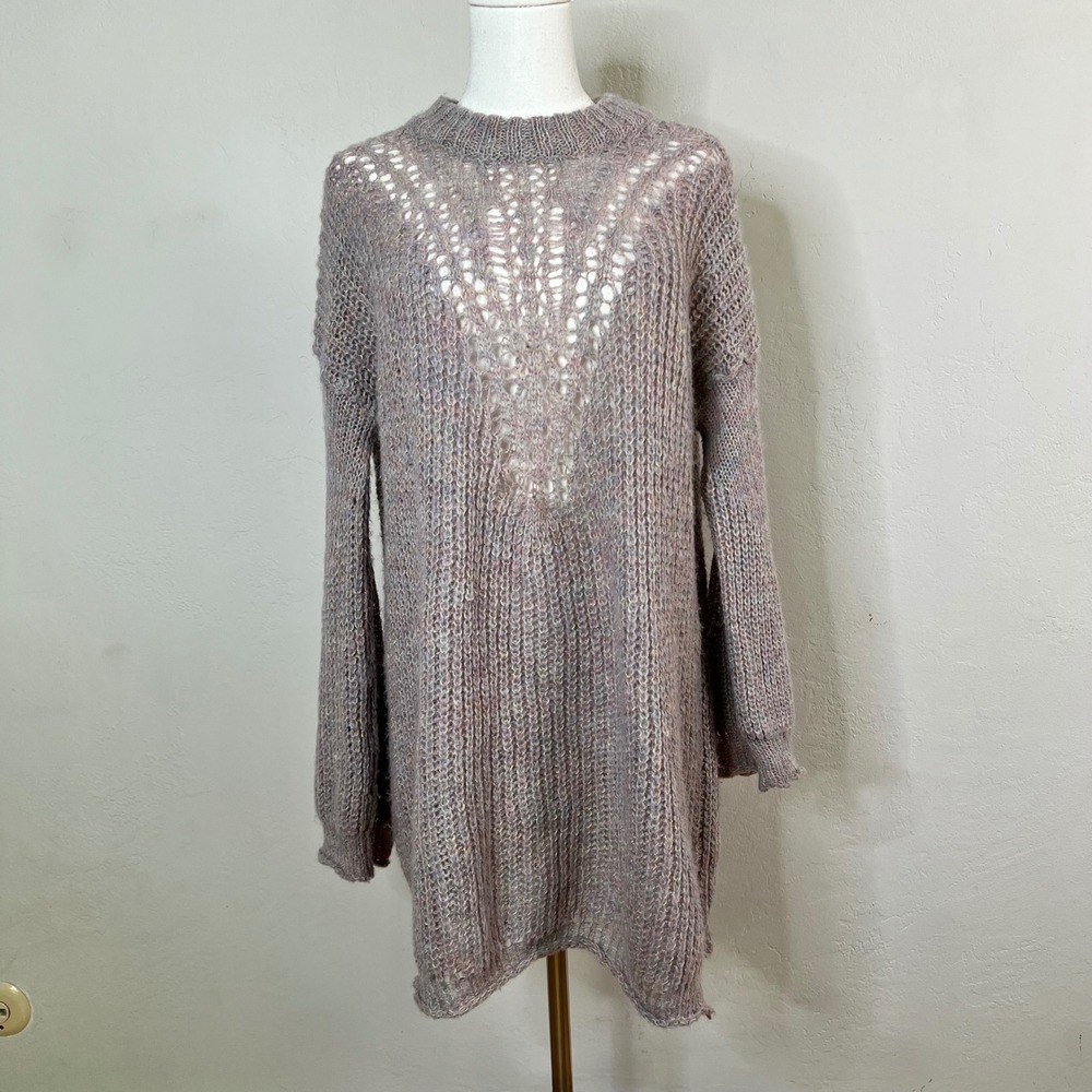 Free People Sweater Dress Size Small Purple Mohair Wool Open Knit Long Sleeve